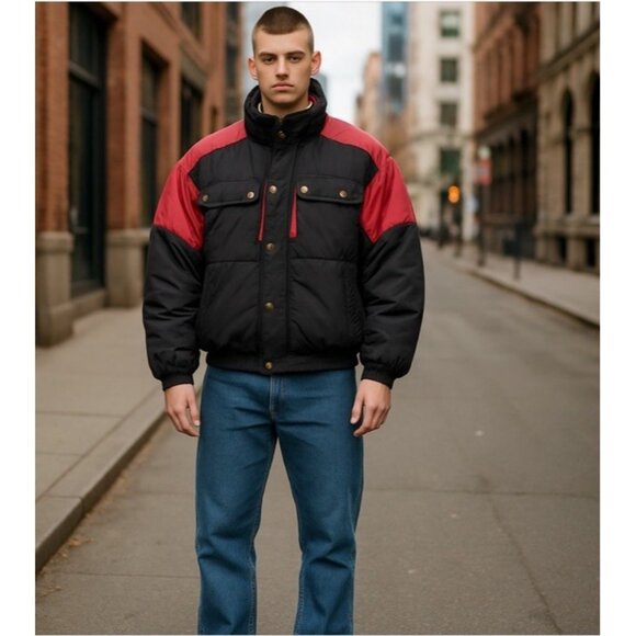 Vintage 90s Windbreaker Puff Coat Men Size Large Black Zip Snap Front Packable - Picture 1 of 16